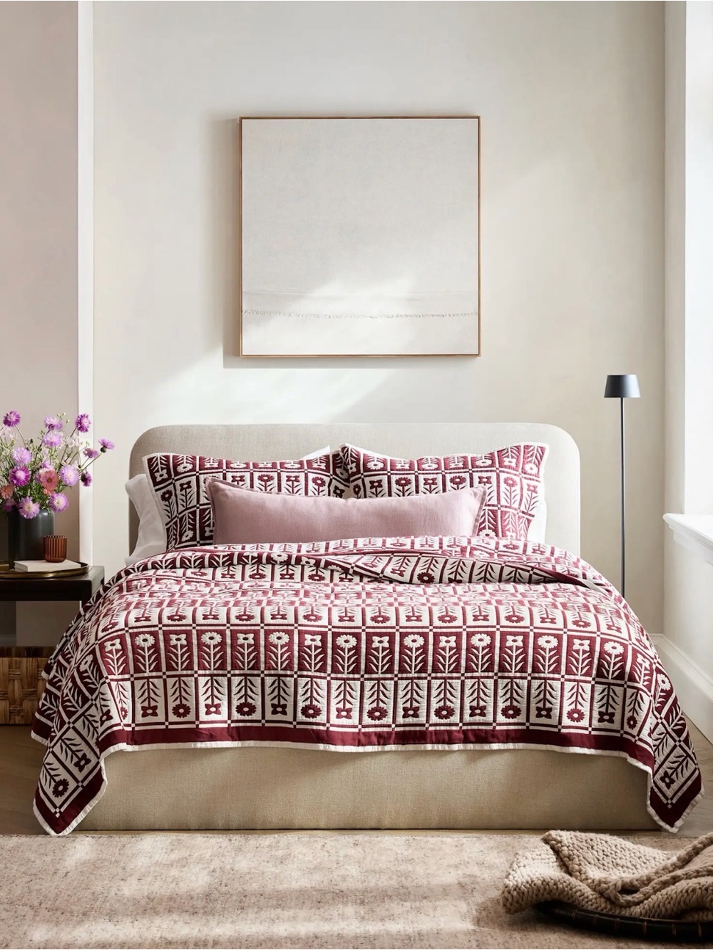 Quince NWOT Organic Cotton Jacquard Floral Coverlet in Burgundy Queen Size 967 - Picture 3 of 4